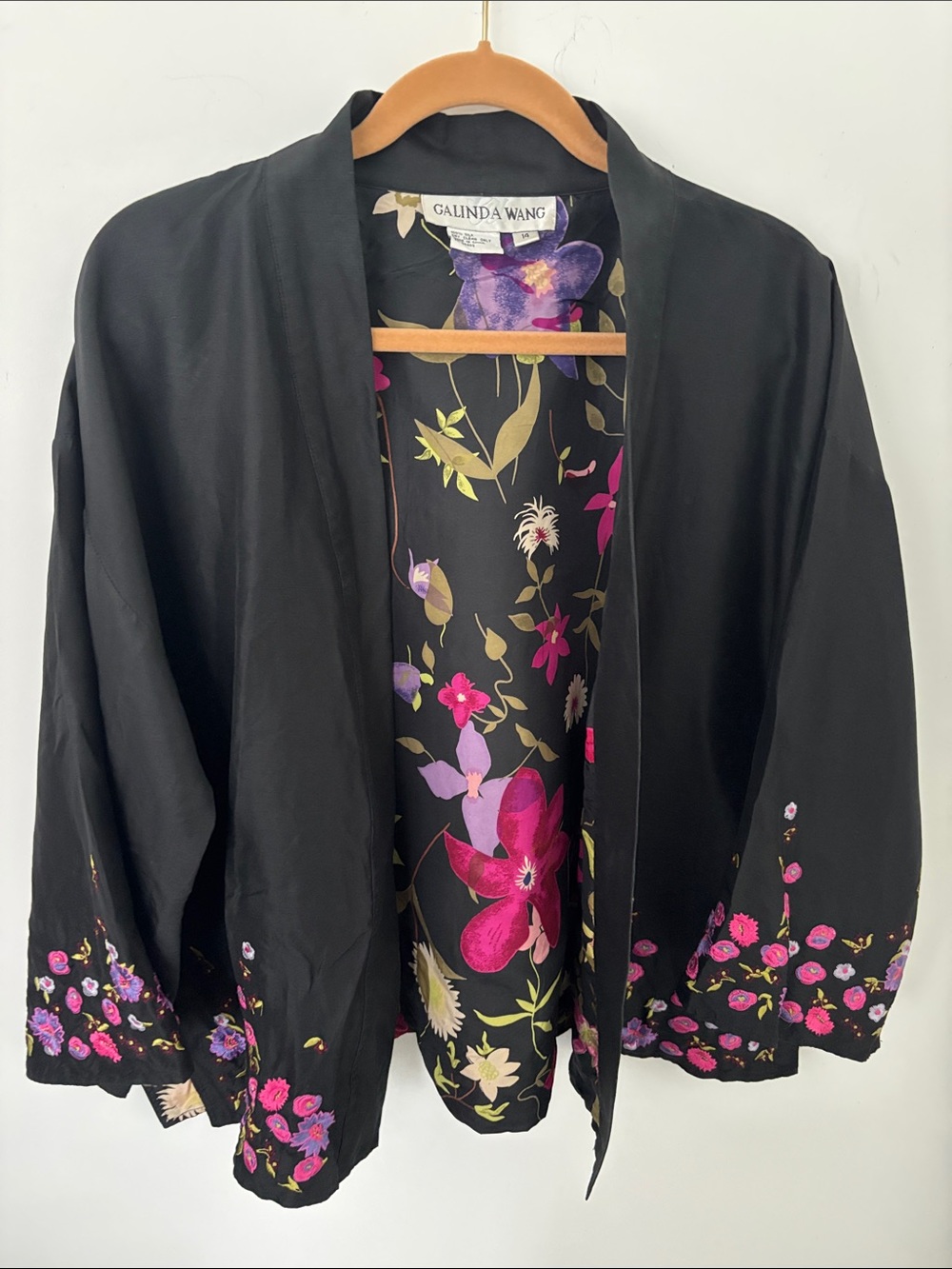 Vintage Galinda Wang silk jacket, reversible,black w/embroidery &flowers,size 14